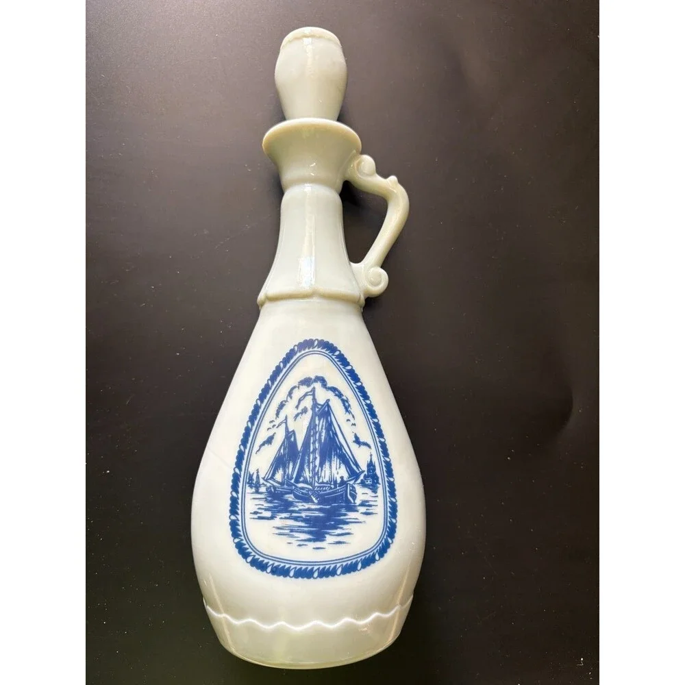 Vintage Blue Milk Glass Jim Beam Whiskey Decanter Delft Blue Ship 1963 Bottle